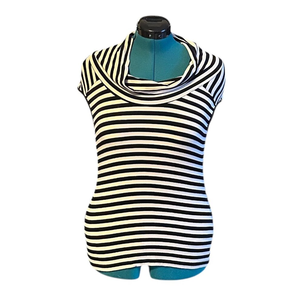 Cable & Gauge Black and Tan Cap Sleeve Cowl Neck Top